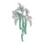 An image of a Rachel Koen brand unisex adult brooch, featuring an intricate design with diamonds and emeralds. The brooch is displayed in a close-up back view against a white background, highlighting its details. The design resembles a stylized leaf or feather with curved lines, where diamonds are pavé-set along the outlines and interior, and vibrant green emeralds are channel-set along the intersecting lines, adding a contrasting color to the piece. The brooch is positioned vertically with the top facing upwards and the emeralds creating a flowing, ribbon-like effect through the center.