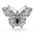 An image of a Rachel Koen unisex adult brooch designed as a butterfly, featuring diamonds and blue sapphire. The brooch is displayed frontally with a slight tilt upwards, providing a clear view of the intricate details. It is centered and occupies the majority of the frame, allowing for close inspection of the craftsmanship. The synthetic blue sapphire are predominantly arranged along the wings, while a prominent darker gemstone is set in the body of the butterfly. The background is a neutral white, offering high contrast to the silver tones of the piece.The brooch is pre owned in a great condition. 