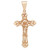Front view of the crucifix pendant showing filigree design with Jesus motif on top of the cross in yellow gold without chain.