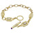 An image of a Rachel Koen branded unisex adult vintage necklace with diamonds, displayed against a white background. The necklace features a series of textured gold links connected in a slight curve from the upper left to the lower right of the frame. At intervals along the necklace are ornate gold elements with diamond embellishments. One such element, positioned at the center of the bottom edge, stands out with a square design hosting a cluster of diamonds. A toggle clasp with a ring and a bar, both adorned with diamonds, is centrally located in the image, with the bar end tipped with a purple stone. The perspective is a close-up, top-down view, showcasing the intricate details and craftsmanship of the necklace.