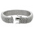 An image of a Rachel Koen women's white gold thick flexible diamond tennis bracelet with diamonds, displayed in a straight position with a slight bend, occupying the central part of the frame. The bracelet is shown from a top view at a close distance, allowing clear visibility of the intricate diamond details and the polished clasp mechanism on a neutral white background. The diamonds are set closely together, covering the entire surface of the bracelet, which reflects light to emphasize their sparkle and the bracelet's luxurious appearance.