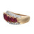 Right view of the ring showing five prong set marquise shape rubies in the center with diamonds and ring band in yellow gold.
