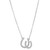 An image of a Rachel Koen brand women's horseshoe diamond charm pendant white gold necklace. The necklace is displayed frontally against a white background. The pendant, centrally positioned and close-up in the frame, features a unique double loop design encrusted with sparkling diamonds. The chain has a delicate, linked appearance, angling slightly towards the upper corners of the image, providing a clear view of the pendant's craftsmanship and the diamonds' arrangement.