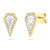 An image of a pair of women's earrings by Rachel Koen, featuring a diamond-shaped design. The earrings are shown from a front and side angle, highlighting their intricate setting. Each earring has a central faceted white topaz gemstone surrounded by a row of small, sparkling diamonds. The yellow gold metal adds a luxurious touch, and the earrings are positioned at a close distance to capture the fine details of the craftsmanship.