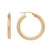 An image of a women's textured round hollow hoop earring without stones by Rachel Koen. The earring is 14k yellow gold-toned with a textured, patterned surface. It is shown from two angles: one earring is positioned vertically from a side view on the left, while the other is displayed horizontally from a front view on the right. Both are photographed against a plain white background, highlighting the intricate details from a close distance. Excellent pre-owned condition. 