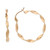 An image of a women's twisted hoop hollow 14k yellow gold earring without stones from the brand Rachel Koen. The earring is showcased in two views: on the left, a side view displaying its twisted, wave-like design; on the right, a front view revealing its circular shape. The earring is photographed against a white background, allowing for a clear and detailed view from a close distance.Excellent pre-owned condition. 