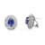 Front and side view of the earrings showcasing the center prong set oval shape Tanzanite surrounded with a halo of baguette and round cut diamonds in white gold.