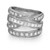 An image of a women's ring by Alfieri St. John, featuring multiple intertwined bands adorned with diamonds in white gold. The ring is positioned upright and photographed from a slightly elevated angle, providing a clear view of the intricate design and sparkling gemstones. The focus is close, showcasing the brilliance and arrangement of the diamonds.