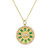 An image of a women's necklace by Rachel Koen, featuring a round pendant with a design of alternating baguette cut green emerald gemstones and round diamonds. The pendant is centrally positioned, hanging from a fine yellow gold chain. The pendant displays a radial arrangement of rectangular green emeralds, surrounded by a circle of diamonds. The photo is taken from a front angle, providing a clear, close-up view of the intricate details.