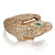 An image of a Rachel Koen unisex adult ring with emerald gemstones, designed in the shape of a textured animal head, possibly an alligator, with intricate detailing. The ring is shown at a slight angle from above, highlighting the green gemstone set in the eyes. The yellow gold band features a 14K stamp on the inner side. The photograph is taken at a close distance, showcasing the craftsmanship and texture of the piece.