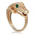 An image of a unisex adult ring by Rachel Koen, featuring a crocodile design. The ring is crafted in yellow gold with detailed texturing, forming the shape of a crocodile head with an emerald gemstone eye. The image shows a side view of the ring, capturing the intricate details and open mouth design from a close-up angle. The ring is positioned upright, showcasing the 14K hallmark on the inner band.
