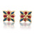 An image of a pair of women's earrings from the brand Rachel Koen, featuring a symmetrical arrangement of red rubies and blue sapphire gemstones set in a yellow gold base. The earrings are positioned facing forward, captured from a close-up angle, showcasing their intricate design and vibrant colors. The reflective surface below adds a subtle mirrored effect.