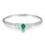 An image of a women's bangle bracelet by Rachel Koen, featuring a central green emerald gemstone flanked by baguette-cut diamonds. The bracelet is viewed from a slightly elevated angle at a close distance, showcasing its elegant design and the sparkle of the diamonds set along its white gold band.