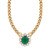 An image of a women's necklace by Rachel Koen, featuring a central oval green emerald gemstone encircled by sparkling round cut diamonds. The necklace is made of yellow gold links, elegantly positioned in the center of the image, captured from a straight-on angle at a close distance, highlighting its intricate design and luxurious materials. Excellent preowned condition.