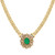 An image of a women's necklace by Rachel Koen featuring a central oval green emerald gemstone set within a sunburst design. The necklace is comprised of interlocking yellow gold links and is shown from the front at a close-up angle, highlighting the intricate detailing of the pendant and chain.