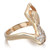 An image of a women's ring by Rachel Koen featuring diamonds and gemstones. The ring is shown from a slightly elevated side angle, highlighting its intricate lady design. The yellow gold band curves elegantly, leading to a cluster of sparkling diamonds and rubies set in a sculptural pattern. The focus is sharp, capturing the textures and reflections on the surface of the ring.
