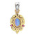 An image of a women's pendant from the brand Rachel Koen, featuring diamonds and gemstones. The pendant is viewed from the front at a close distance, showcasing a central oval blue tanzanite gemstone in prong setting, surrounded by intricate gold detailing with additional small ruby and diamonds in white and yellow gold. The pendant has a polished metal bail at the top. No chain included. Great preowned condition.