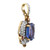 An image of a women's pendant from Rachel Koen, showcasing a side view at a close angle. The pendant features a large oval blue tanzanite gemstone encased in a white and yellow gold setting, adorned with sparkling diamonds and ruby gemstones. The intricate design highlights a combination of gold and silver elements, emphasizing luxury and elegance. No chain included. Great preowned condition.