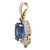 An image of a women's necklace by Rachel Koen, featuring a prominent blue tanzanite gemstone set at the center, surrounded by a series of sparkling diamonds and rubies. The pendant is shown from a side angle, highlighting its intricate white and yellow gold detailing. Small red gemstones accent the sides, adding contrast to the design. The image captures the pendant at a close distance, showcasing its elegant craftsmanship and luxurious appearance. No chain included. Great preowned condition.