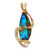 An image of a Rachel Koen unisex pendant featuring a central marquise-shaped boulder opal with vibrant blue and green hues interspersed with brown. The gemstone is elegantly wrapped in a flowing yellow gold setting adorned with small diamonds. A larger diamond is positioned at the base of the pendant. The pendant is viewed from a frontal angle, capturing the intricate details and colors of the stones, in a close-up shot against a plain background. Pendant is without chain. Excellent Preowned condition.