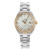 An image of a front full frontal view of a display model OMEGA luxury wristwatch for women. The watch features a white mother of pearl dial with diamond markers at the hours and rose gold luminous hands. A date indicator is positioned at the 3 o'clock mark. The round case and band are made of stainless steel, with the bezel in rose gold color adorned with diamonds. The watch is photographed up close, capturing the entire face and a portion of the band, providing a clear view of the details and craftsmanship.