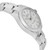 An image of a pre-owned women's Rolex wristwatch, viewed from a slight angle above and to the left. The watch is positioned close-up, showcasing its stainless steel bracelet and detailed silver dial with the brand's logo and date feature. The watch hands and hour markers are clearly visible, emphasizing its elegant design.