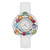 An image of a pre-owned Bvlgari Astrale Gemed Diamond 18K White Gold White Leather Watch 101338 shown from a straight-on angle. The watch features a white strap and a round silver-toned face adorned with colorful gemstones and diamonds around the bezel. The brand name "Bvlgari" is visible on the dial. The vibrant stones include shades of orange, red, green, blue, and yellow, adding a luxurious and eye-catching detail to the timepiece. The image captures the watch in a close-up view, highlighting its intricate design and elegant craftsmanship.