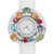 An image of a pre-owned Bvlgari women's wristwatch, taken from a front-facing angle at close range. The watch features a white strap and a circular face surrounded by a dazzling array of colorful gemstones and diamonds. The brand name "BVLGARI" is visible on the watch face, with simple black hour and minute hands. The vibrant gemstones include hues of green, orange, red, blue, and yellow, creating an eye-catching and luxurious design.