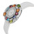 An image of a pre-owned Bvlgari women's wristwatch. The watch is positioned at a slight angle, showcasing its elegant face and colorful gemstone embellishments around the bezel. The white strap is partially visible, highlighting the watch's luxurious design. The perspective is close-up, capturing the intricate details of the watch's craftsmanship.