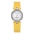 An image of a pre-owned Bvlgari B.zero1 22MM Stainless Steel White MOP Dial Quartz Ladies Watch for women. The watch is positioned vertically, centered, and viewed from a straight-on angle. It features a bright yellow strap and a round stainless steel bezel engraved with "BVLGARI." The watch face is white with minimalist triangular hour markers and the word "B.zero1" inscribed.