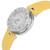 An image of a pre-owned Bvlgari women's wristwatch viewed from a slightly angled side perspective. The watch has a polished stainless steel case with "BVLGARI" engraved around the bezel. It features a white mop dial with simple hour markers and two hands. The wristband is a vibrant yellow, adding a pop of color to the elegant design. The watch is in the foreground, filling most of the frame, providing a clear view of its details.