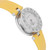 An image of a pre-owned Bvlgari women's wristwatch. The watch is positioned at a slight angle, showcasing the side and face. It has a stainless steel bezel with the Bvlgari logo engraved around it. The face is round with minimalist hour markers. The strap is a vibrant yellow, attached to the watch with polished metal lugs. The image is taken from a close-up perspective to highlight the details of the watch.