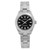 An image of a pre-owned women's Rolex  Oyster Perpetual 28mm Steel Black Sticks Dial Ladies Watch 276200 taken from a front-facing angle at a close distance. The watch features a stainless steel bracelet and a black dial with luminous hands. The image shows the watch in an upright position, clearly displaying its brand and design details.