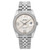 An image of a pre-owned women's Rolex Datejust 36 Steel Silver Floral Dial Unisex Automatic Watch 116244 viewed from the front at a straight angle. The watch features a stainless steel case with a diamond-studded bezel. The dial has a floral pattern with luminous hands and a date indicator displayed at the 3 o'clock position. The bracelet is a Jubilee style, complementing the elegant design.