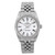 An image of a pre-owned Rolex Date 34mm Engine Turned Steel White Dial Automatic Unisex Watch 15210 for unisex adults, taken from a straight-on angle at a close distance. The watch features a stainless steel metal band, a white dial with Roman numeral hour markers, and luminous hands. It includes a date indicator at the 3 o'clock position.