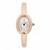 An image of a pre-owned Cartier Baignoire Mini Size 15 18k Rose Gold Silver Dial Ladies wristwatch, positioned upright and angled directly forward. The watch features a rose gold-toned case with a silver dial, displaying Roman numerals and blue hands. The image is taken at a close distance, highlighting the watch's elegant design and details.