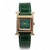 An image of a pre-owned HERMÈS Heure H 21mm 18K Rose Gold Diamond Green Malachite Dial Watch HH4.272, displayed from a front-facing angle. The timepiece features a square, gold-toned case encrusted with diamonds, highlighting its luxurious design. The watch has a green malachite dial with matching green leather strap. Photographed at a close distance to capture intricate details.