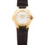 An image of a pre-owned Patek Philippe Calatrava 18K Yellow Gold Quartz Watch 4890J, positioned upright. The watch features a yellow gold case with a white dial, displaying Roman numeral hour markers. A date indicator is present at the 3 o'clock position. The watch has a dark leather strap. The image is taken from a straight-on angle at a close distance, showcasing the watch's details clearly.