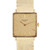 An image of a pre-owned Patek Philippe unisex wristwatch, positioned centrally and viewed from the front. The watch features a square gold-toned face with minimalist hour markers and hands. The brand name "Patek Philippe Geneve" is displayed on the dial. A textured gold bracelet is attached, and the side crown is visible. The photograph is taken at a close distance, capturing the watch in detail.