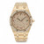An image of a pre-owned Audemars Piguet 36mm Yellow Gold Rubies Diamond Dial 14813BA women's wristwatch, viewed from a slightly elevated front angle. The watch features a yellow gold case and bracelet, with a bezel and dial adorned with numerous small diamonds. A date indicator is visible on the right side of the dial. The watch is close-up, showcasing its luxurious details.