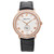 This image presents a close-up, straight-on view of a pre-owned men's Audemars Piguet Jules wristwatch. The watch boasts an 18k rose gold case with a diamond-set bezel, a silver dial with Roman numeral hour markers, and a small seconds subdial at the 6 o'clock position. It features a factory diamond dial and bezel. There are micro scratches on the dial. The elegant black leather strap, which is unworn, is visible at the top and bottom of the image
