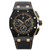 An image of a wristwatch with a black and gold color scheme, octagonal bezel, three sub-dials, and a date window. Unworn condition 