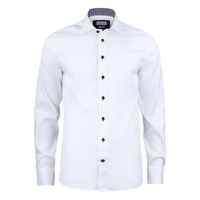 A white button-up shirt featuring black buttons and a checkered collar detail. It has a logo on the chest.