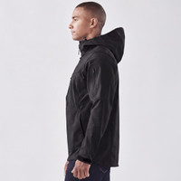 A black softshell jacket for men featuring a hood, with a logo on the sleeve.