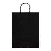 A large black paper bag with two handles and a smooth surface. The bag features a serrated top edge.