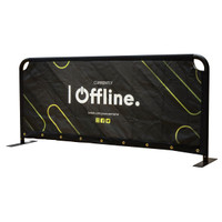 A black sidewalk café barrier featuring a branding logo and eye-catching graphics in green and white.