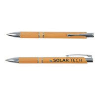 A bamboo pen with silver accents and a logo. The body is made of natural wood, showcasing a smooth finish.