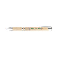 A plastic pen with a cork body and silver accents. It features a logo on the side.