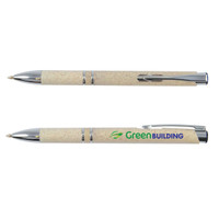 A creamy beige eco pen with a shiny silver clip and a logo on the barrel.