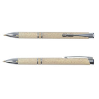 A beige eco pen with a sleek design, featuring a chrome clip and accents. The pen has a logo on the side.